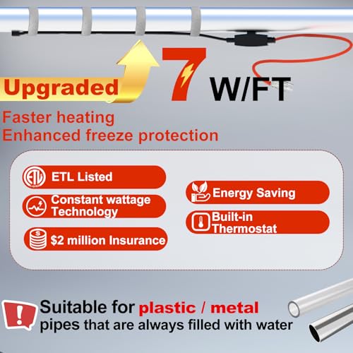 HEATIT Pipe Heating Cable with Thermostat Pipe Freeze Protected 7W/ft 22Ft | Built-in thermostat on at 3°C (37°F), off at 10°C (50°F), ETL certified heating cable for pipe freeze protection. - style: 22 Feet