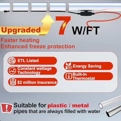 HEATIT Automatic Heat Tape Pipe Freeze Protected Heated Cable 3Ft 7W/ft | ETL certified heat cable for pipe freeze protection, constant heat output helps prevent frozen water pipes in winter. - style: 3 Feet
