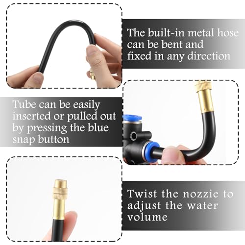 Zonon 10 Pcs Brass Misting Nozzles Tee with 16" Built in Hose for 0.32"/8 mm Tubing 360 Degree Rotation Adjustable Water Mister Nozzle Thread Sprayer Misting Part Accessories for Patio Outdoor Cooling - size: 16 Inch