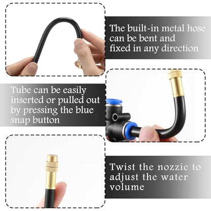 Zonon 10 Pcs Brass Misting Nozzles Tee with 8" Built in Hose for 0.32"/8 mm Tubing 360 Degree Rotation Adjustable Water Mister Nozzle Thread Sprayer Misting Part Accessories for Patio Outdoor Cooling - size: 8 Inch