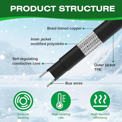 3FT-200FT Pipe Heating Cable for Water Pipes, Heat Tape for Water Pipe | Heat Cable for Water Pipes(Metal and Plastic), Pipe Heat Tape Keeps Water Flowing at -40°F 5w/ft, 120V Plumbing