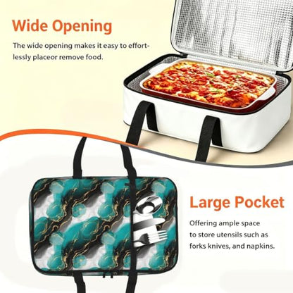 Hot Cold Food Carrier Tote Abstract Turquoise Print | Abstract Black White Green Turquoise Marble, Insulated Single Carrier with Handles Zipper Fits 9x13 Baking Dish Picnic - color: Pattern (768)