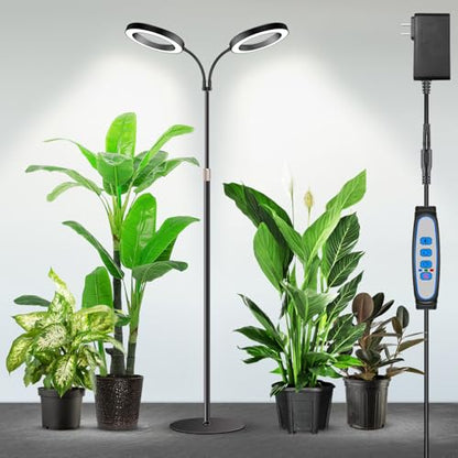 Halo Grow Lights, Dual-Head 6000K LED Floor Plant Light with Base | Full Spectrum 168LEDs Grow Lamp, 3 Color Modes, Timer 6/12/16H, 5 Dimmable Levels, 67'' Adjustable Height, Gooseneck - size: Dual Head（Height 67'')