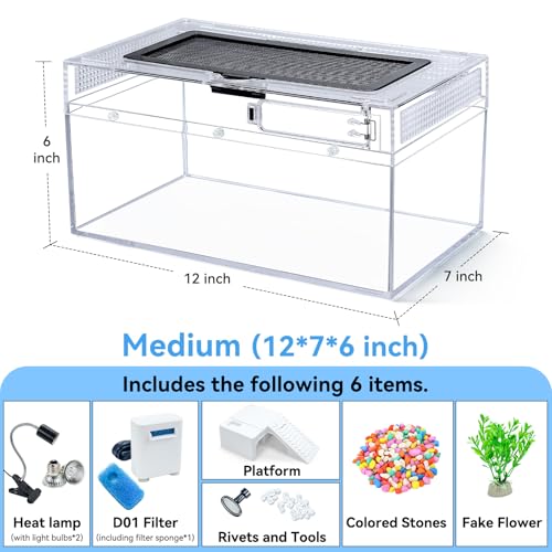 12x7x6 Turtle Tank Kit with Heating Lamp & Filter | High-definition kit includes heating lamp, filter, and ventilation. Heat-resistant, complete setup for easy turtle care - size: 12x7x6 Inch