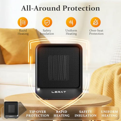 Lerat Space Heater, Portable Mini Heater for Indoor Use, 500W Fast Heating Small Desk Heater with Overheating & Tip-Over Protection, Lightweight Electric Heaters for Office, Home, Camping，Black