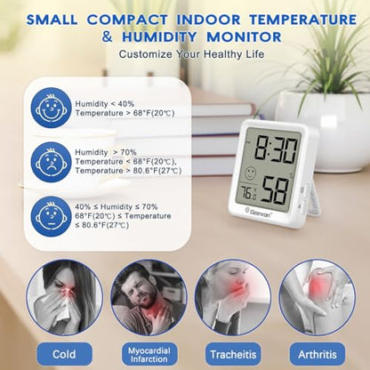 Geevon 6-Pack Mini Indoor Thermometer Hygrometer – Indoor Temperature & Humidity Monitor with Time Display and Comfort Indicator for Home House Office Garden and Cellar - size: 6 pack, style: 256360