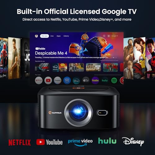 HAPPRUN 1500 ANSI Lumens Outdoor Projector with Official Google TV | 4K Supported, Dolby Audio, TOF Auto Focus & Auto Keystone, 10K+ Apps, WiFi 6, Bluetooth, Indoor & Outdoor Movies