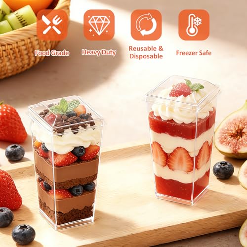 Eupako 3 oz Plastic Dessert Shooter Cups with Lids - 100 Pack Mini Clear Square Appetizer Cup, Small Dessert Cup for Jello Shots, Parfait, Puddings, Mousse - style: Square - 3 oz - 100 Set
