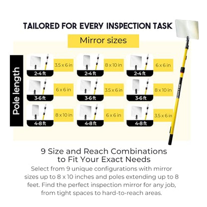 Telescoping Inspection Mirror - Standard Fiberglass, Lightweight & Durable, 2 ft - 4 ft Pole, 6 x 6 inch Acrylic Mirror - size: 6 x 6 inch Acrylic Mirror, style: 2 ft - 4 ft Pole