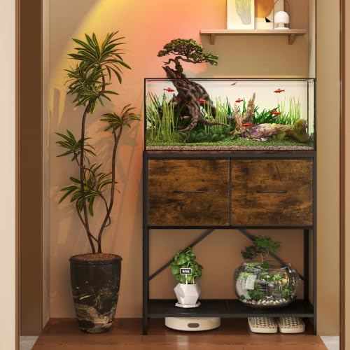 5-20 Gallon Fish Tank Stand, 3-Tier Heavy Duty Metal Aquarium Table | Vintage Wood Reptile Tank Stand with Drawers for Living Room & Office, 200LBS Capacity, 24.8x12.6x31.5 In