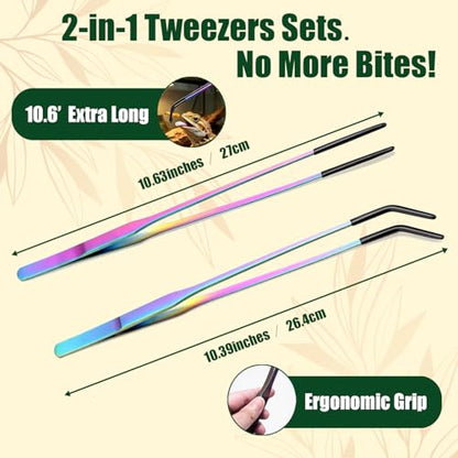 4 Pack Reptile Thermometer and Humidity Gauge & Reptile Feeding Tongs | Bearded Dragon Tank Accessories, Digital Hygrometer and 10.6" Straight & Curved Long Tweezers with Rubber Tips for Lizard