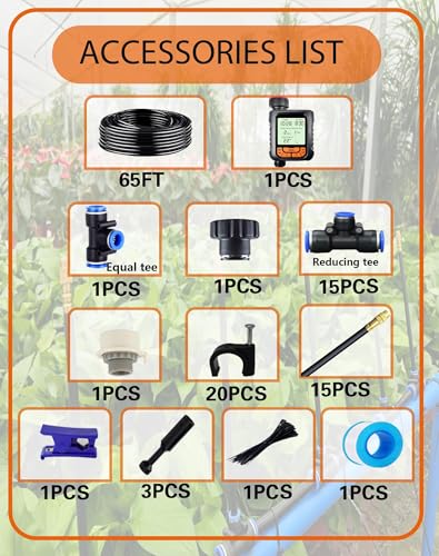 Drip Irrigation System,Automatic Garden Watering System, 360 Degree Adjustable Garden Sprinkler, High Output Mist Spray Nozzle for Potted Plants, Easy Connect & Rotating Head, Customizable Water Flow - size: 65 FT