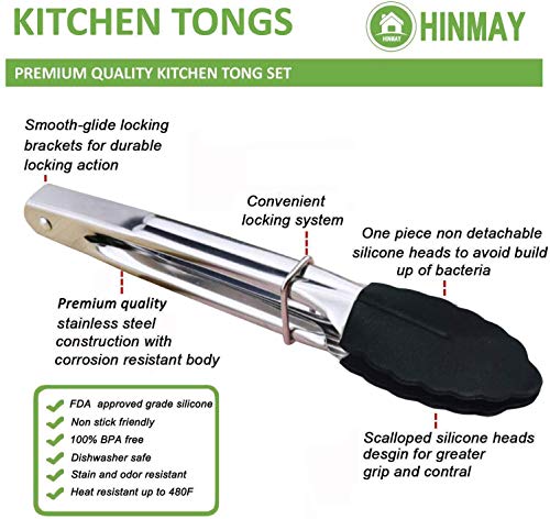HINMAY Mini Tongs with Silicone Tips 7-Inch Kitchen Tongs, Set of 3 (Black) - color: Black