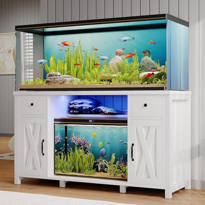 4ever2buy 55-75 Gallon Fish Tank Stand, Aquarium Stand with Storage, White | 52 x 20 In Top, Farmhouse Turtle Tank Stand, 2 Drawers & 2 Barn Doors, LED Light, Power Outlets, Shelf Storage, Heavy Duty - color: White