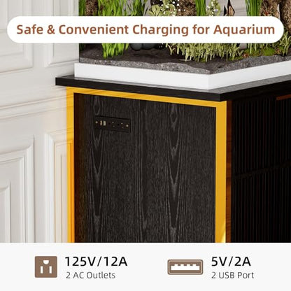 55-75 Gallon Fish Tank Stand, Aquarium Stand with LED Light, Black & Gold | 49 x 20 In Top, Modern Fluted Design, 2 Outlets, 2 USB Ports, Shelf Storage, Metal Frame Support, 1100 LBS, Turtle Tank Stand - color: Black and Gold
