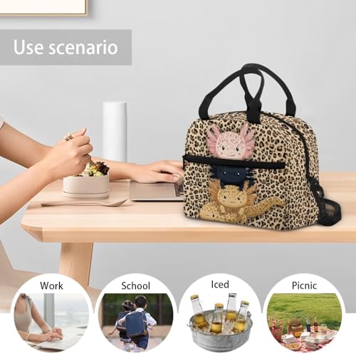 Axolotl Lunch Box Kids Leopard Print Lunch Bag Girls Reptiles Insulated Lunch Tote Bag Outdoor Camping Lunchbox Picnic Lunchbag Travel Lunch Boxes Student Lunch Container - color: Axolotl Leopard Print