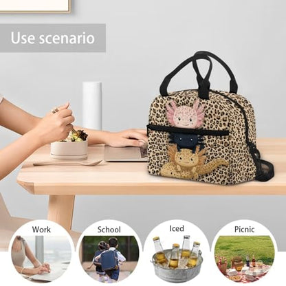 Axolotl Lunch Box Kids Leopard Print Lunch Bag Girls Reptiles Insulated Lunch Tote Bag Outdoor Camping Lunchbox Picnic Lunchbag Travel Lunch Boxes Student Lunch Container - color: Axolotl Leopard Print