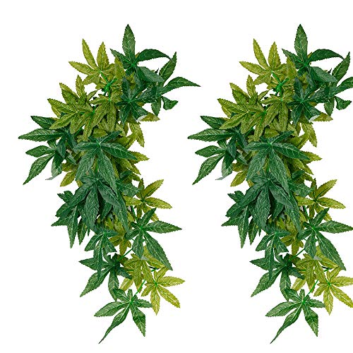 2 Pack Reptile Silk Plants with Suction Cups - Realistic Climbing Vines & Grass Leaves for Terrarium Decor, Amphibian Habitat Tank Accessories (Durable & Easy to Install)
