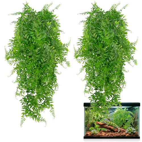 RAINFLOW 2PCS Fake Hanging Plants - Artificial Reptile Habitat Vines | UV Resistant Artificial Boston Ferns for Bearded, Dragon, Snake. Geckos, Hermit Crab, Lizard, Chameleon, 30 Inch - size: 30"x5.1"
