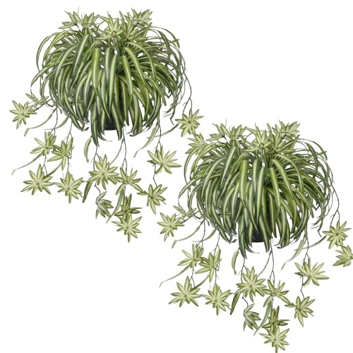 2Packs Fake Spider Plant, Artificial Indoor Potted Plant | Realistic Silk Greenery, UV Resistant and Maintenance Free Design, Perfect for Home, Office, Desk, Shelf and Indoor Decor - color: In Pot