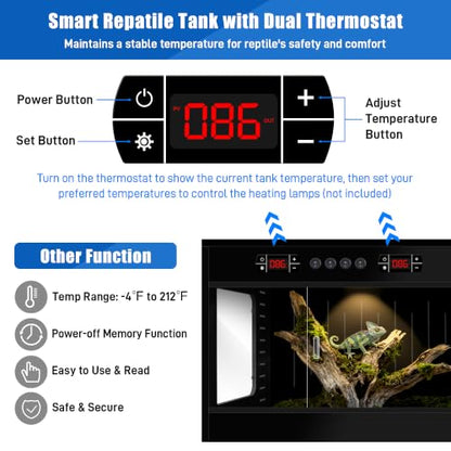 PVC Reptile Tank Enclosure-40 Gallon Intelligent Bearded Dragon Tank, Front Opening Reptile Terrarium 39x15.7x15.7 with Temperature Controller, Mat & Sliding Door Handle for Snake Lizard Gecko