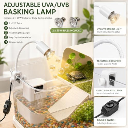Baby Turtle Tank Starter Kit with UVA/UVB Lamp and Water Filter | Clear PC habitat with cream-white base, textured climbing ramp, ceramic hideout, four plants, grass mat and cleaning sponge