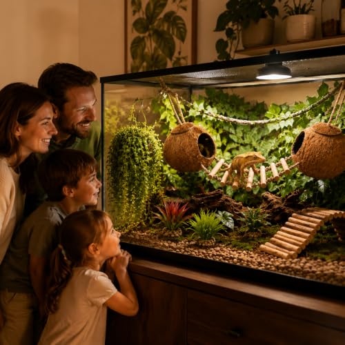 RUNANIA Crested Gecko Tank Accessories, Reptile Hanging Plants Vines with Natural Double Coconut Hideout & Climbing Ladder Decor for Hermit Crab Lizard Leopard Gecko Chameleon Snake Terrarium Decor