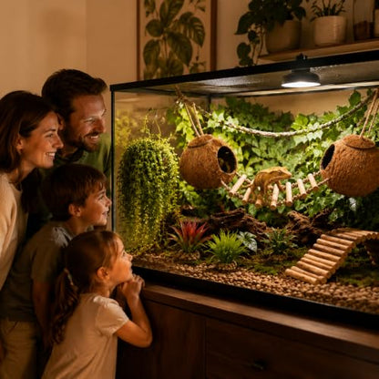 RUNANIA Crested Gecko Tank Accessories, Reptile Hanging Plants Vines with Natural Double Coconut Hideout & Climbing Ladder Decor for Hermit Crab Lizard Leopard Gecko Chameleon Snake Terrarium Decor