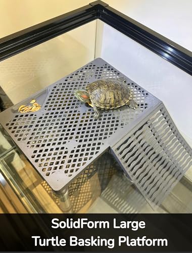Large Wide Turtle Basking Platform with Built-in Food Tray, Zero Zip-Tied, Non-Slip Ramp, Resting Turtles Dock, for 50–120 Gallon Aquariums(14-in Width) Spacious Multi-Turtle Tank Accessories - size: 12.6 × 8.6 inch
