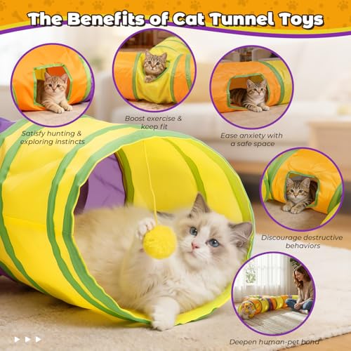 Cat Tunnel for Indoor Cats Large, Collapsible Cat Playhouse Pet Play Tunnel Tube Maze with Hanging Pom-Poms and Interactive Holes for Kitten, Kitty, Puppy, Rabbits, Ferret, Guinea Pig