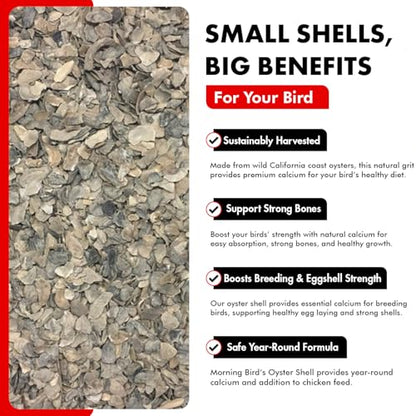 Morning Bird Oyster Shell 18 lb - Natural Calcium Supplement for Birds | Natural Calcium Bird Supplement – Sustainably Harvested from California Coastal Waters – Safe Year Round Bird Food Additive - size: 18 lbs (2-Pack of 9 lbs)