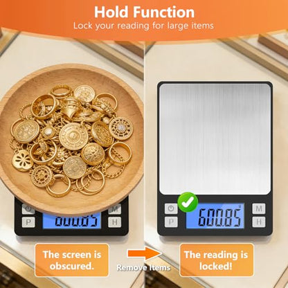 BOMATA 0.01g High Precision Jewelry Scale, 1000g Digital Gram Scale, Black | Small & Portable Design with Hold, Tare & Counting Function, Precise for Gold, Bullion, Coins, Gemstones & Crafts - color: Black