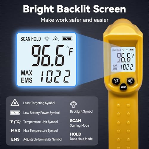 Infrared Thermometer Temperature Gun - 58 ℉~1022 ℉ (- 50 ℃~550 ℃) Non-Contact Digital Laser Infrared Ir Thermometer for Cooking, Barbecue, Food, Repair, Pet Care and Home Use(Yellow) - color: Yellow