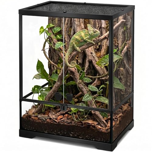 18"x18"x24" Reptile Terrarium, Aluminum-Frame Glass Vivarium for Small Arboreal Reptiles Such as Small Chameleons, with Lock, Cable Port, Waterproof Deep Base