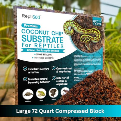Premium Coconut Chip Substrate for Reptiles | 10 lb Compressed Block Expands up to 72 Quarts | Natural Bedding for Ball Python, Tortoise, Bearded Dragon Habitats