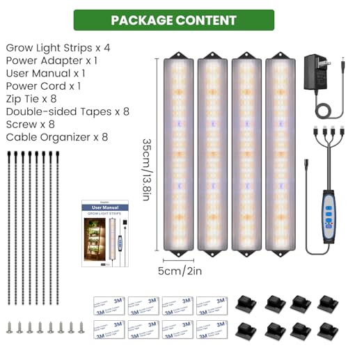 14in Grow Light Strip for Indoor Plants, Full Spectrum | 4 Bars, 105 White/Red/Blue LEDs per Strip, Timer & Dimming Control, Sleek Design, Growing Lamp for Cabinets & Shelves - size: 4 Pack