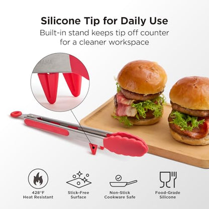 Kitchen Mama DuoEssentials Cooking Tongs Set, Red | Silicone Tip, Stainless Steel, Locking Ring, Heat Resistant, Non Stick Cookware Safe - color: Red