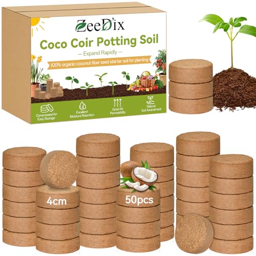 50 Pack 40mm Organic Coco Coir Pellets Seed Starter Soil | Low EC, pH Balance, Potting Soil Mix, Indoor Outdoor Plants, Herbs Houseplants Bonsai Vegetables Flowers - size: 40mm-50pack