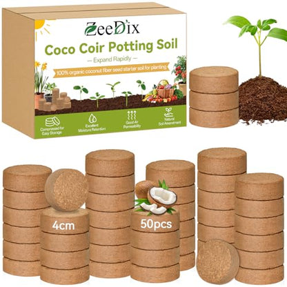 50 Pack 40mm Organic Coco Coir Pellets Seed Starter Soil | Low EC, pH Balance, Potting Soil Mix, Indoor Outdoor Plants, Herbs Houseplants Bonsai Vegetables Flowers - size: 40mm-50pack