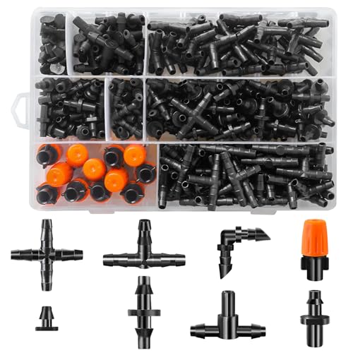 250-Piece Drip Irrigation Fittings Kit for 1/4" Tubing, Complete Set of Barbed Connectors for Drip System Setup (Nozzles, Nozzle Tees, Single Barbs, Couplings, Tees, Elbows, Plugs, Crosses) - size: 1/4" Fittings with Box-250P