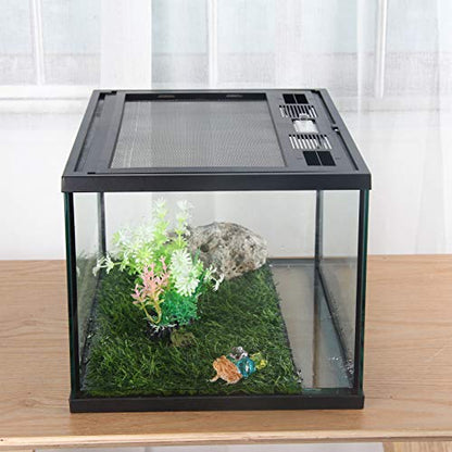 Frogs Glass Terrarium Feeding kit Tank, 15.7×11×9 inches, for Reptile Amphibians, Insect, Horned Frogs, Waterweed Prairie Style Habitat, with Green Artificial Turf Pad, Natural Volcanic Rock | Mesh Top Ventilation, Feeding Port, Lockable Lid, For Small Ho