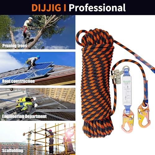 DIJJIG Rope Harness Safety Lanyard 25ft Vertical Roofing Rope With Grab Snap Hooks Shock Absorber Fall Protection Tree Climbing Line Kit Heavy Duty Roof Safety Equipment ANSI CE - style: 25ft