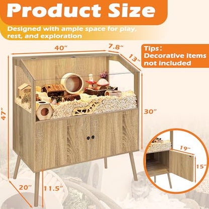 PROLEE Hamster Cage with Storage Cabinet,Large Hamster Encloure Chew Proof Wood,Clear View Hamster Habitat for Guinea Pig, Ferret, Rat, Hedgehog, 40" L x 20" W x 47" H (White Oak) - color: White Oak