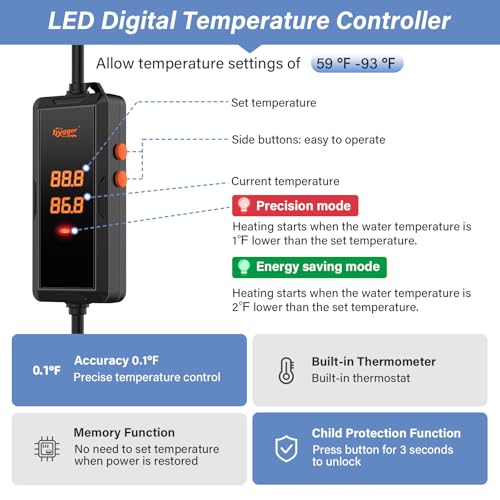 hygger 200w Aquarium Heater, Submersible Fish Tank Heater with Intelligent Temperature Control and Leaving Water Automatically Stop Heating System, for 20-40 Gallon Tanks - size: 200W (for 20-40 gallon)