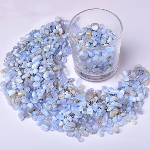 Erliway 7-9mm Blue Chalcedony Healing Crystal Chips for Crafts, 100g | Natural Crushed Crystal Stones Tumbled Chips for Vase Filler Aquarium Gravel, Meditation Chakra Balancing, Candle DIY Making - color: Blue Chalcedony