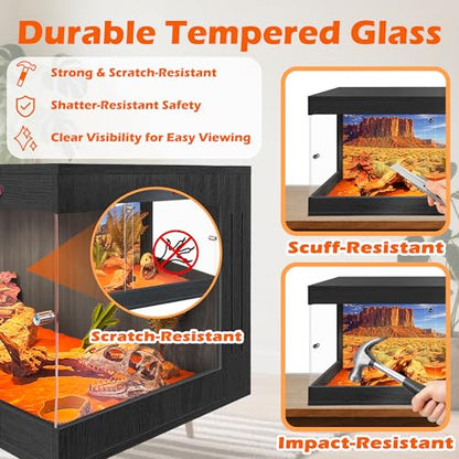 ROYXEN Reptile Tank, 34 Gallons Reptile Enclosure with Lockable Design, Tempered Glass Bearded Dragon Tank for Lizard Habitat, Soild Wood Built-in Sockets (Black, 32"x16"x15.5") - color: Black, size: 32"x16"x15.5"