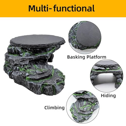 Reptile Basking Platform Gecko Hide Juvenile Beared Dragon Tank Accessories | 9.45"×5.31"×3.15",Resin,with a rock platform,Box packaging,Turtle habitat accessories,for Lizard Leopard Crested Gecko - style: style 2