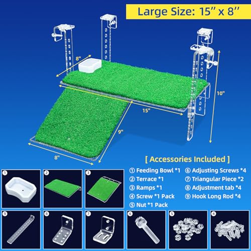 15" Turtle Basking Platform with Grass Ramp, Acrylic, Fits 0.31-2.11" Tanks | Adjustable non-slip grass ramp for aquatic turtles. Fits 0.31-2.11" thick rims. Thickened acrylic 11" large dock for basking - size: 15 Inch