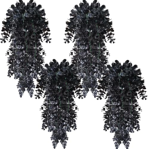 Toprooms 4 Pcs Black Hanging Flowers Faux Hanging Plants Fake Greenery Faux UV Resistant Hanging Vines Plant for Indoor Outdoor Wedding Halloween Party Fall Wall Decor (Black) - color: Black