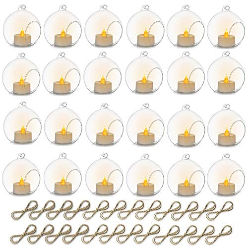 NUPTIO Hanging Glass Tealight Holders with LED, 24 Pcs, 3.15 Inch | Includes Flameless Lights, Clear Votive Globes, Ready to Hang, for Terrariums, Gardens, Weddings, DIY Gifts - size: 3.15 inches